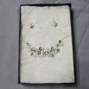 Silver Tone Floral Crystal & Pearl Bridal Jewelry Set